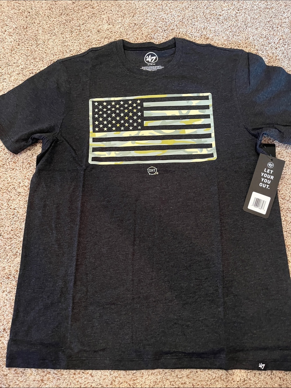 '47 Men's Black Tee with Camo American Flag Graphic